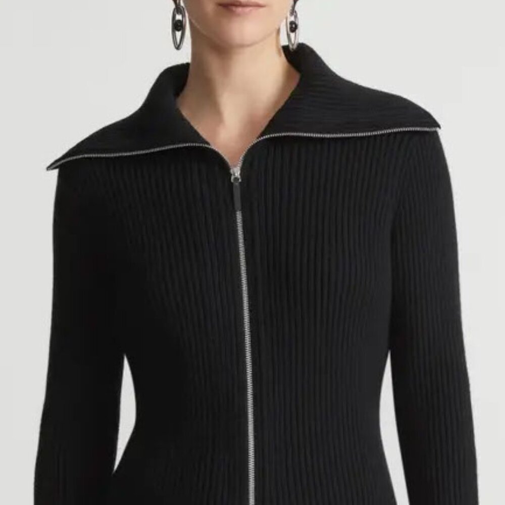 White House Black Market Black Ribbed Zip Up Cardigan Sweater Black Small